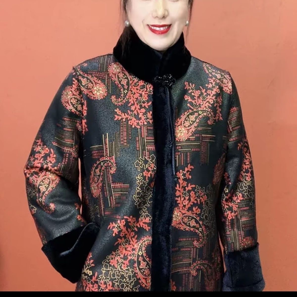 中式复古印花外套女中长