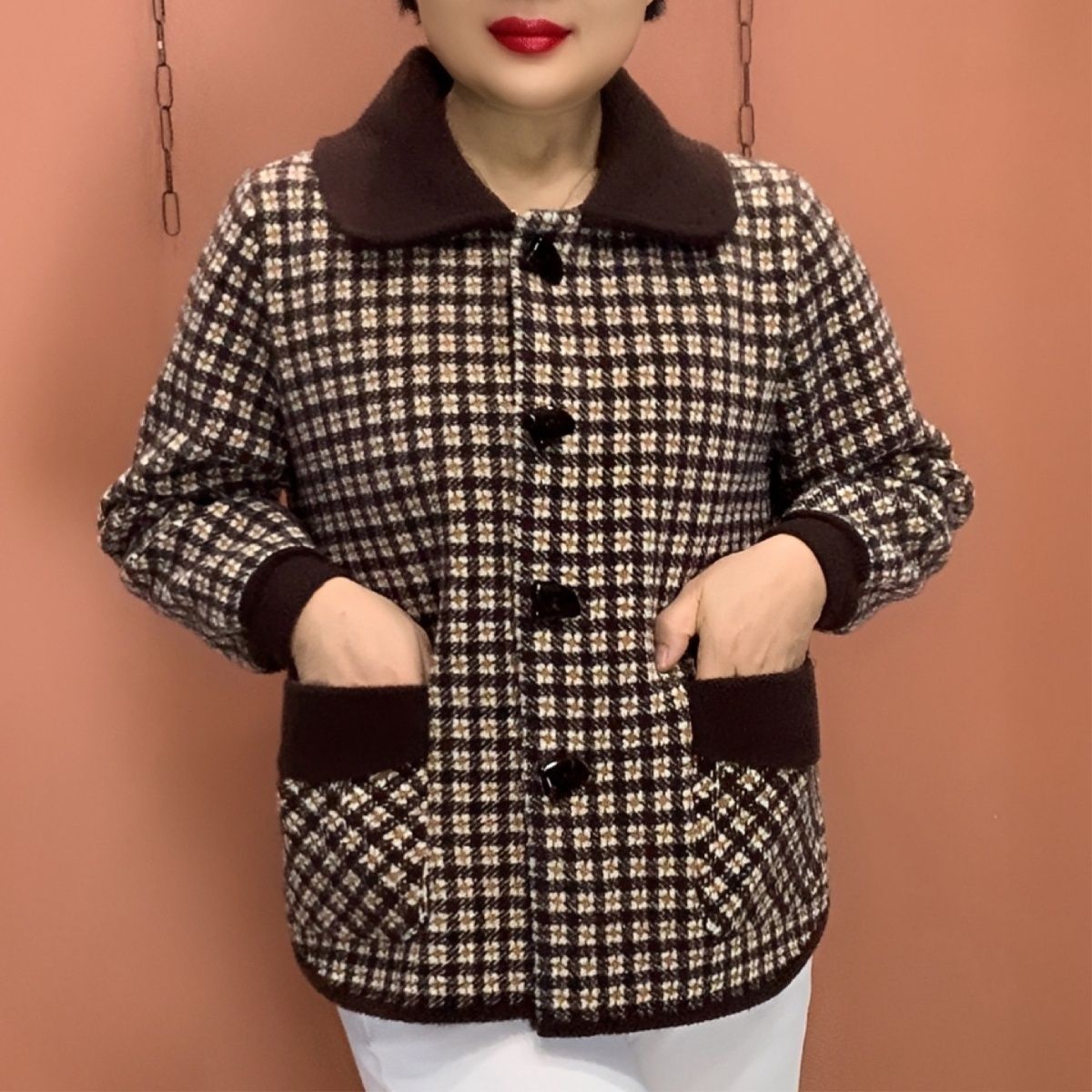 妈妈休闲格子开衫双面绒