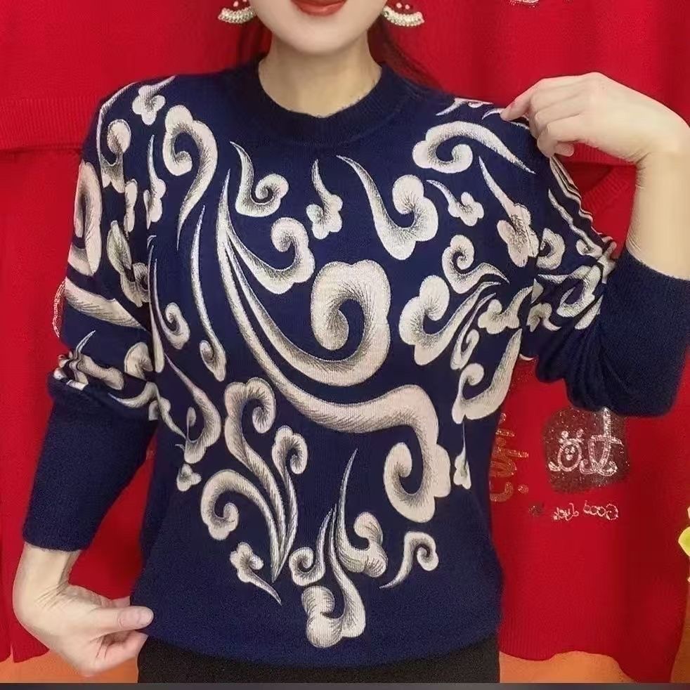 中式云纹印花毛衣女大码