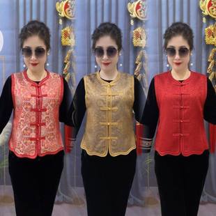 春秋新款正版新中式国风提花马夹包边工艺盘扣妈妈女装马甲坎肩潮