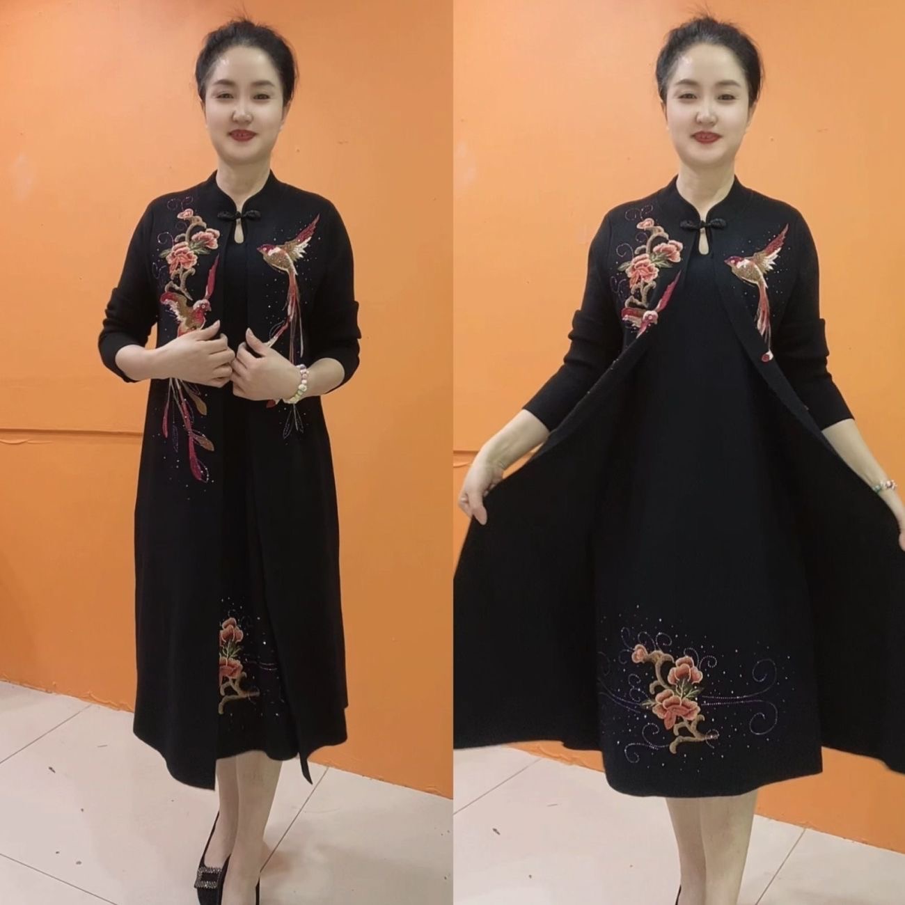 中式妈妈装红色刺绣连衣