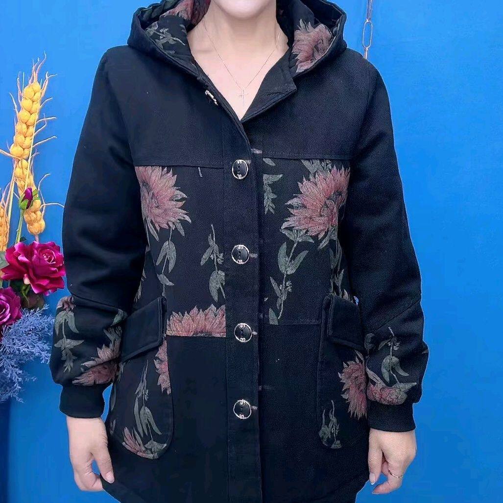 新款休闲加绒中长款牛仔棉服冬季印花宽松连帽大码百搭妈妈外套