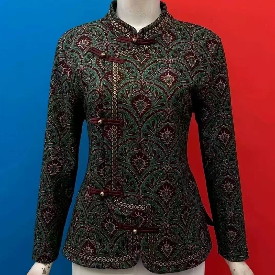 中国风立领盘扣印花外套女中老年妈妈复古洋气显瘦上衣