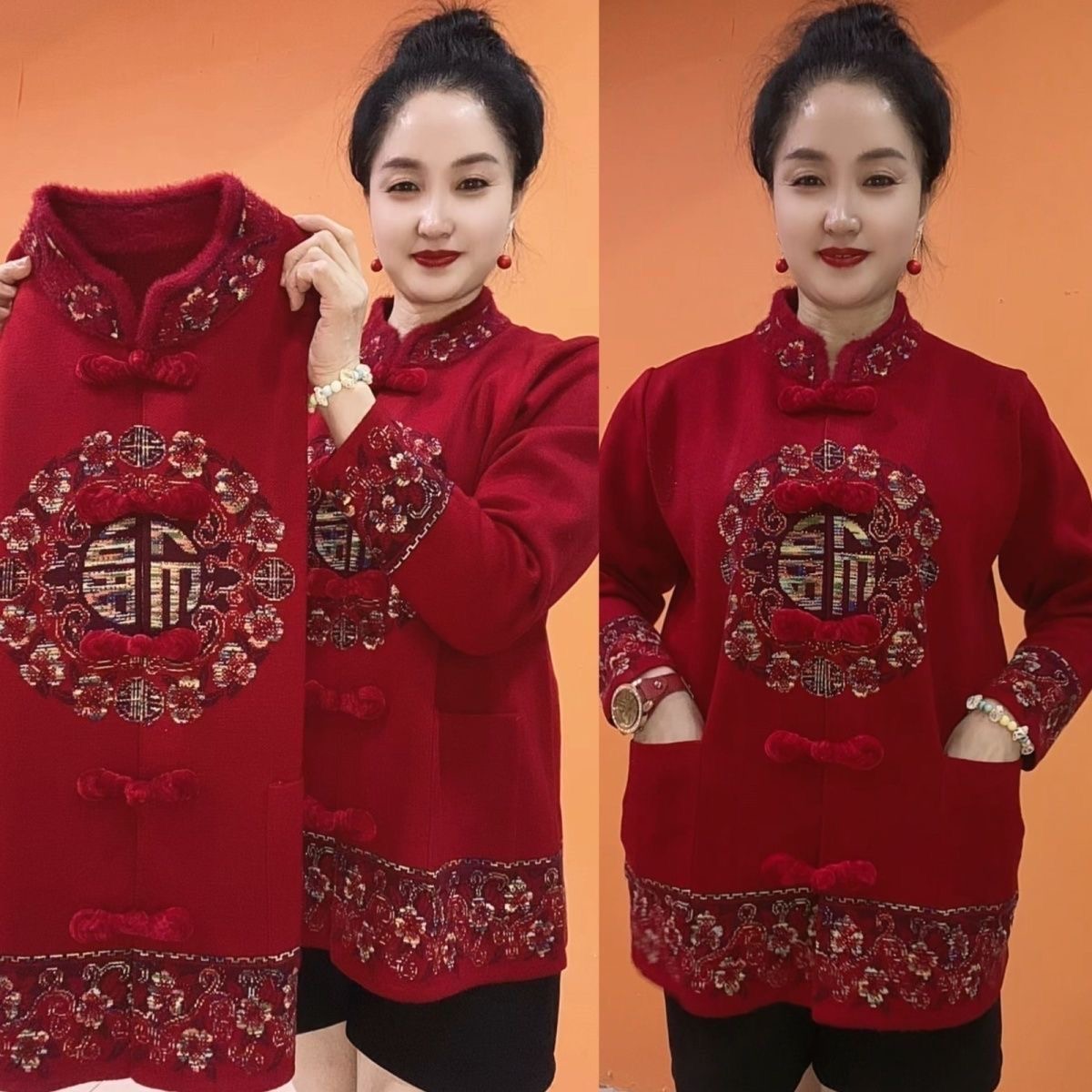2025新款盘扣唐装女士外套红色国风新年款刺绣中式大码