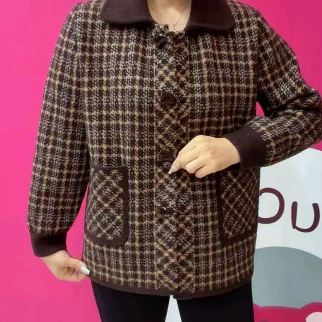 复古风翻领格子双面毛呢