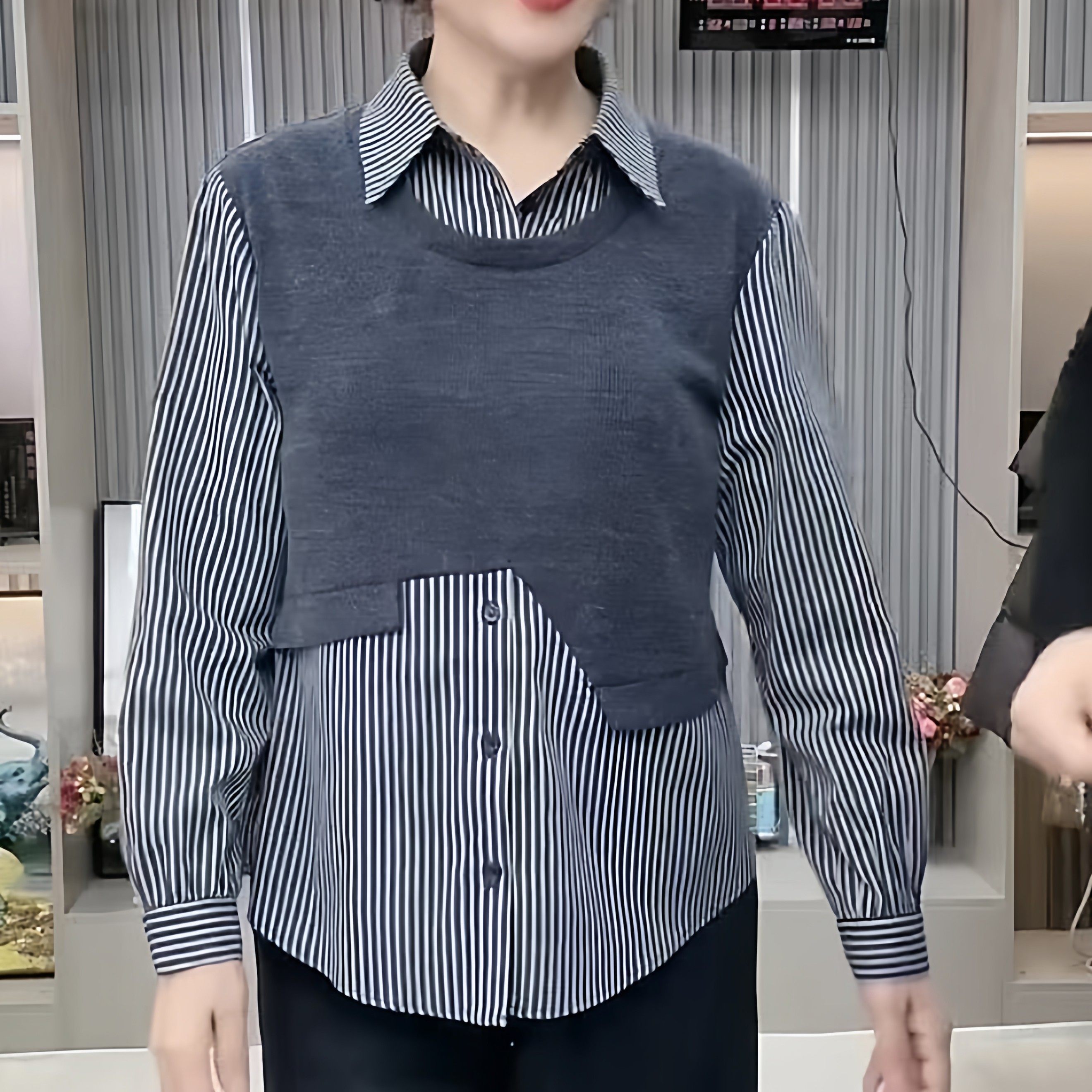 复古拼接风假两件条纹衬