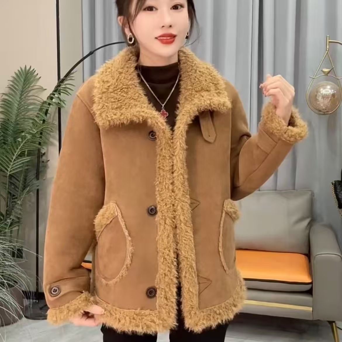 皮毛一体外套女加绒保暖翻领夹克洋气高级感气质上衣