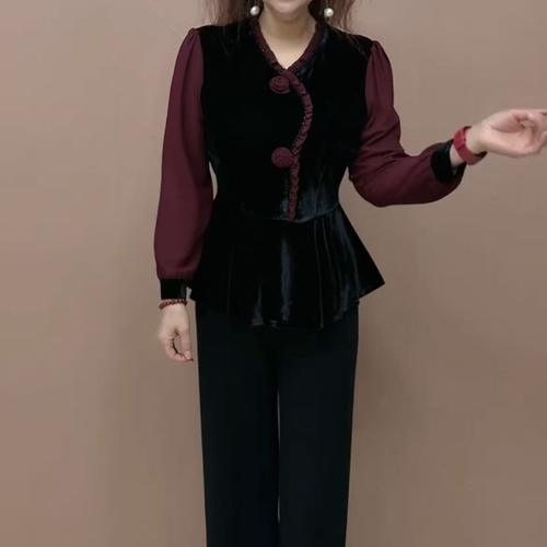 2025新款女士V领丝绒拼接