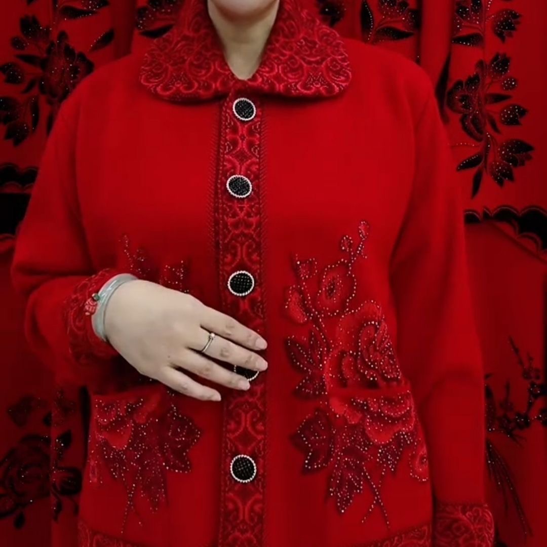红色刺绣花卉外套女老年