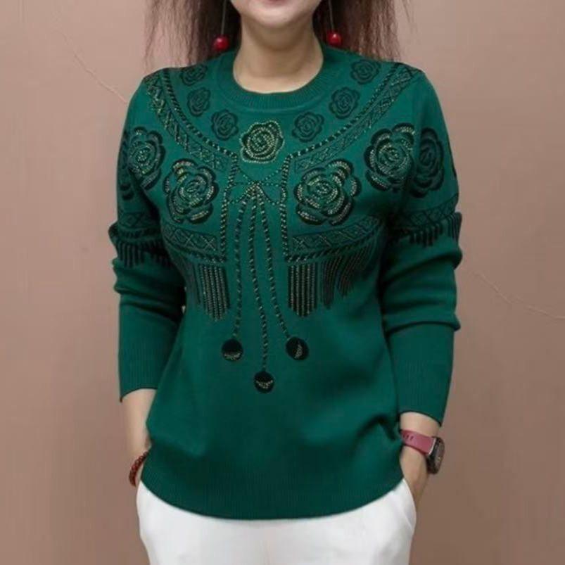民族风烫钻毛衣女圆领气