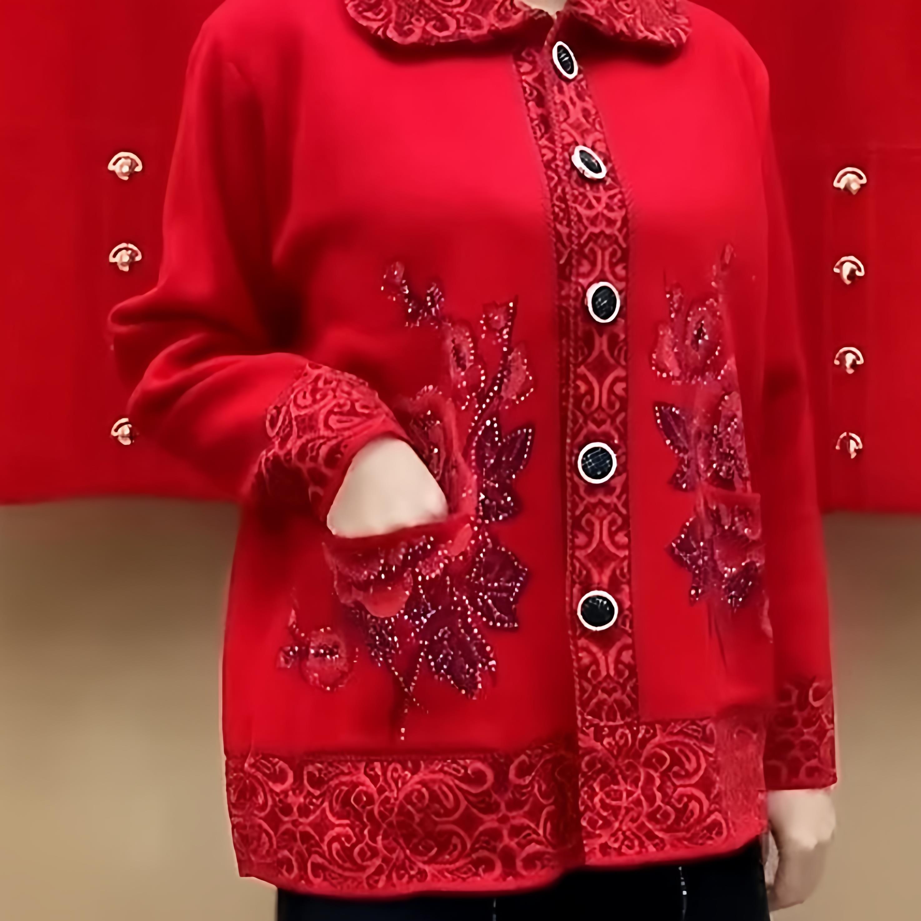 红色刺绣花卉翻领开衫外套女中老年妈妈装高档大码上衣