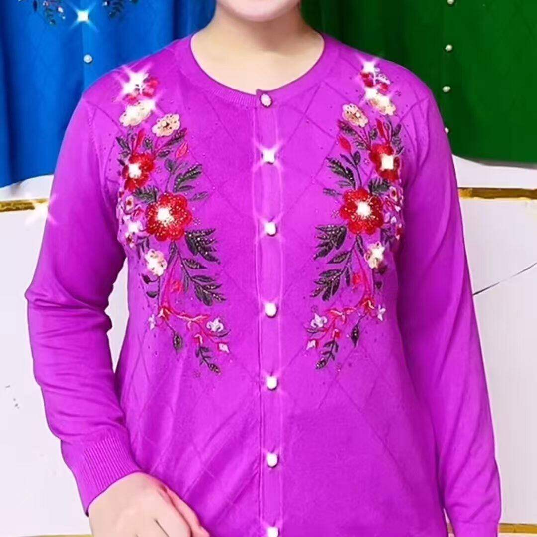 新款刺绣圆领针织开衫宽松上衣中老年妈妈奶奶毛衣弹力外套女装