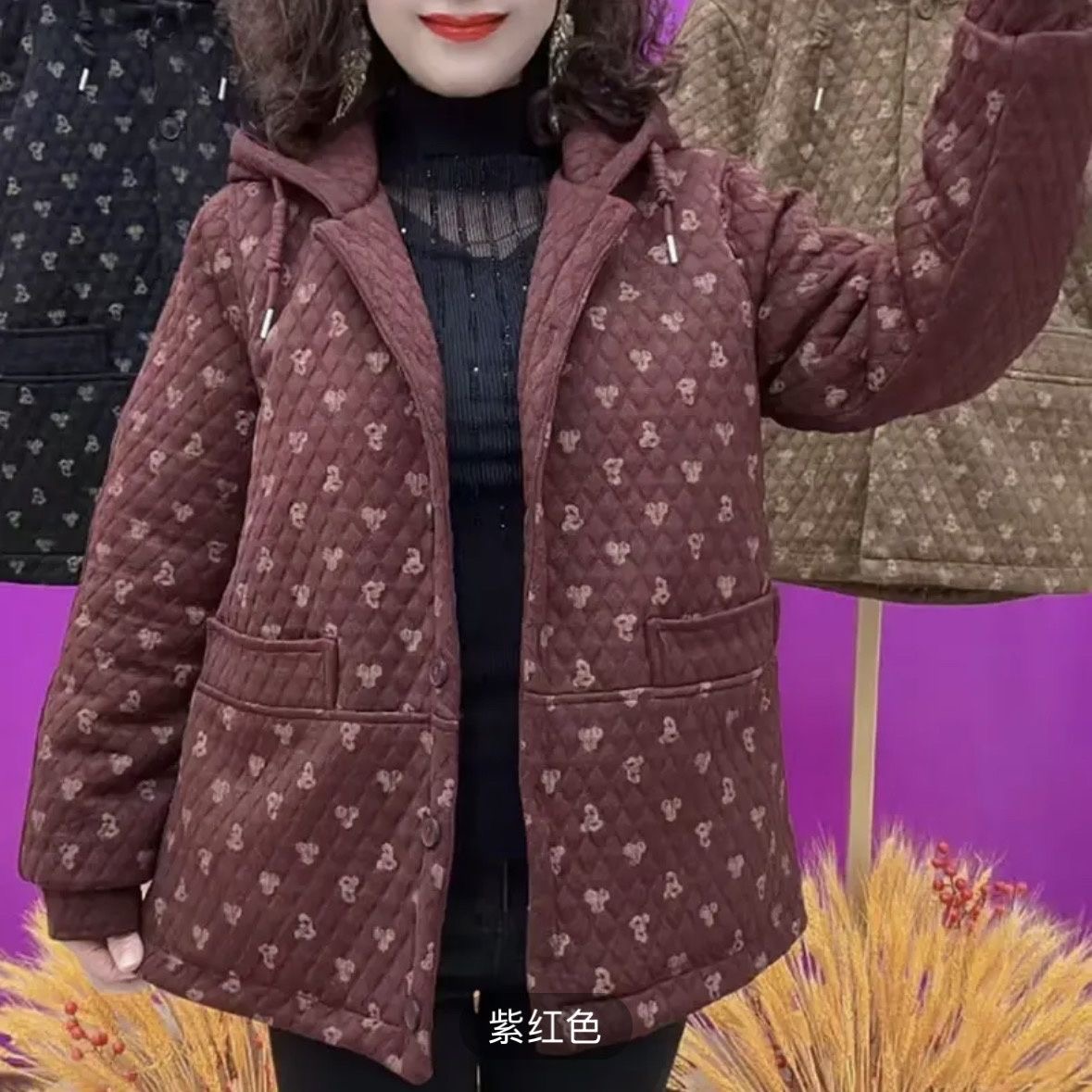 中老年妈妈大码棉衣女连帽宽松显瘦印花保暖外套