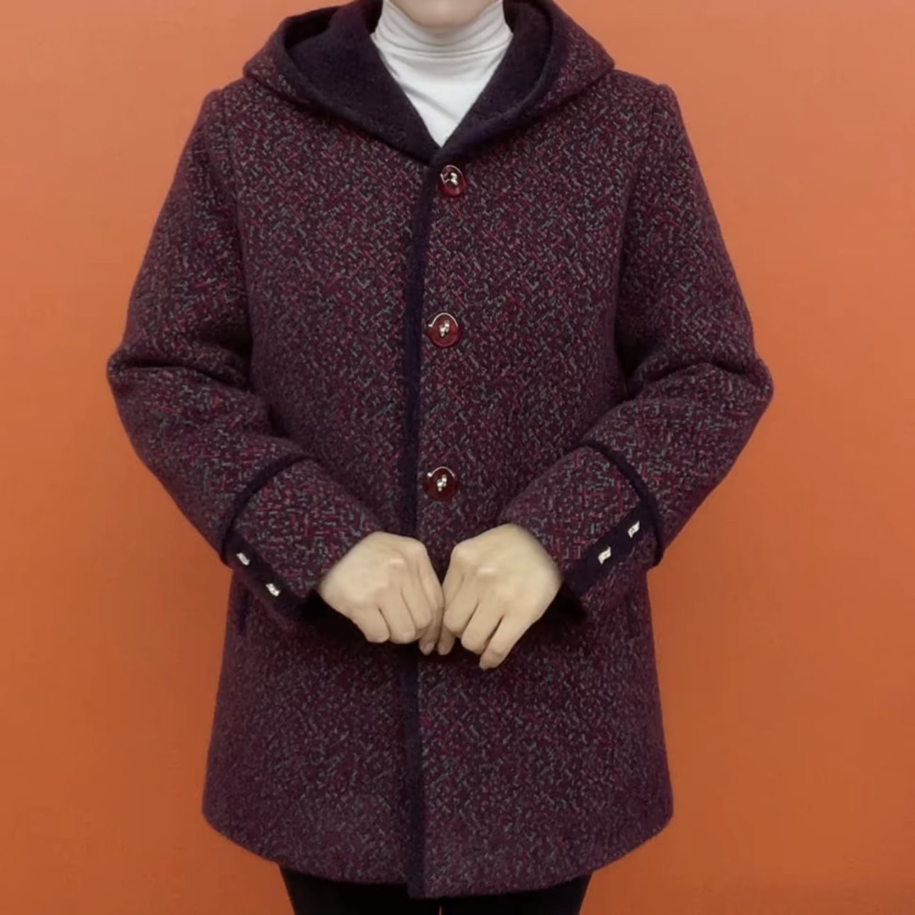 中老年女装连帽毛呢外套