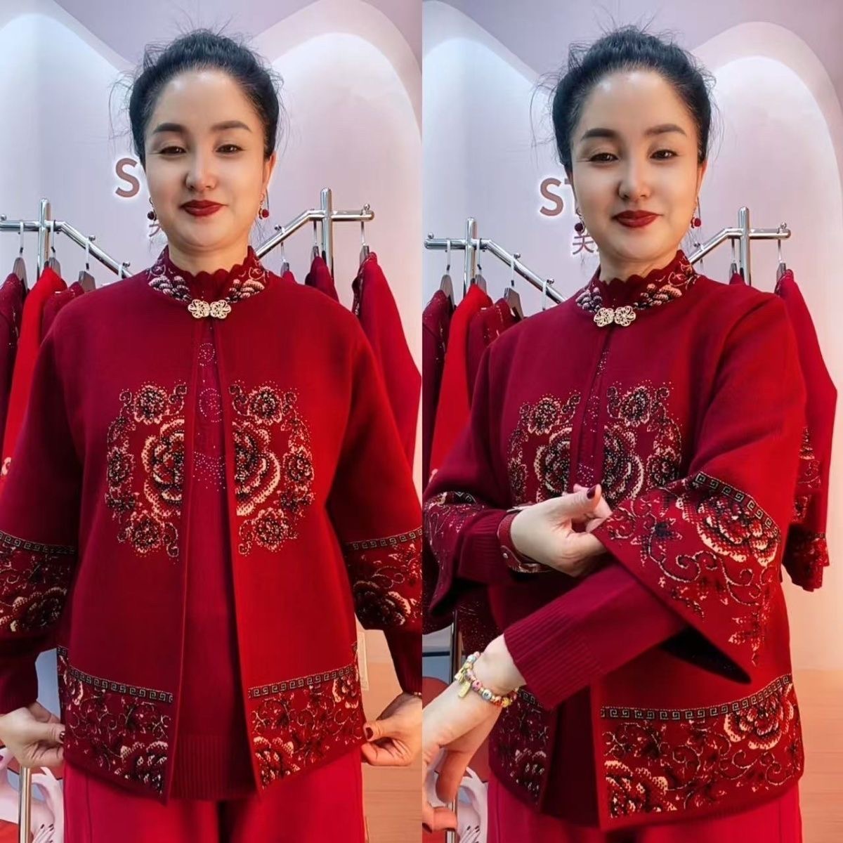 新中式刺绣红色外套女中老年妈妈装立领大码喜庆上衣