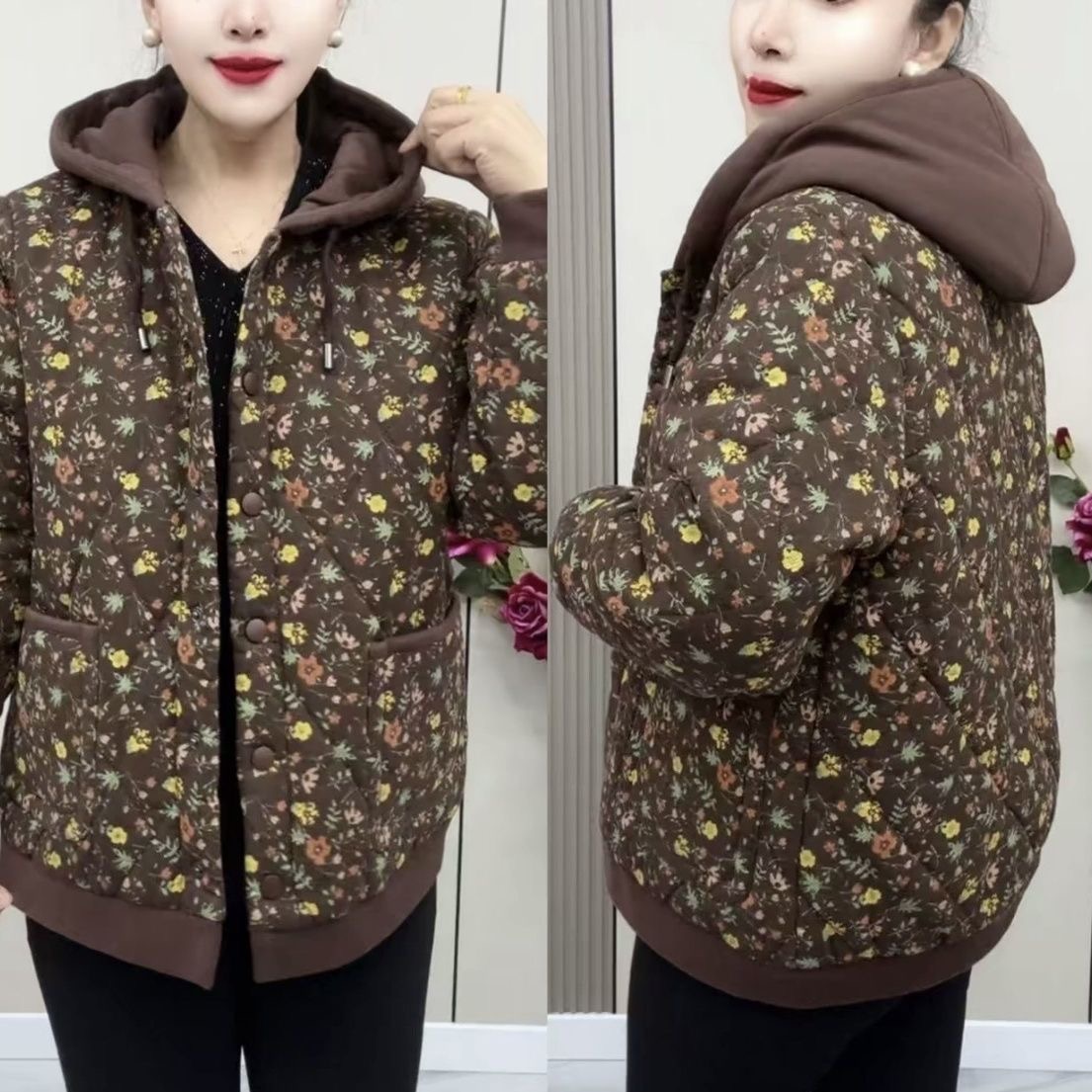 大码女装碎花连帽棉服外