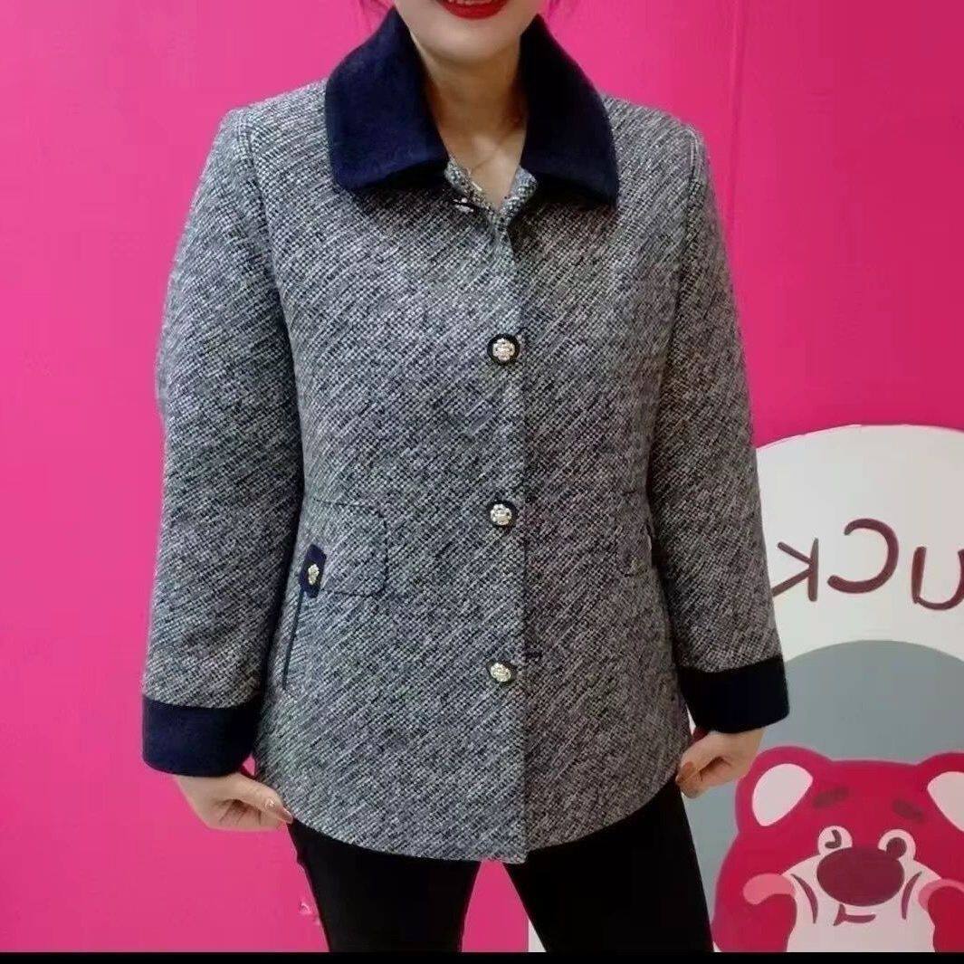 妈妈冬装加绒加厚毛呢外