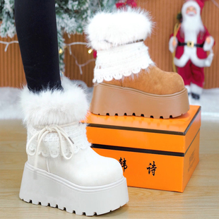 8cm可爱花边厚底毛毛雪地靴女潮2025冬季 加绒保暖短靴毛毛靴 新款