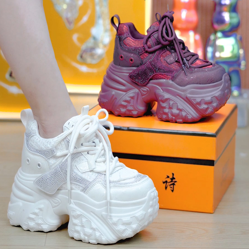 小蛮腰水钻厚底老爹鞋女