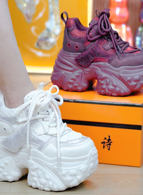 9cm小蛮腰水钻厚底老爹鞋女2025秋冬新款轻便百搭增高休闲运动鞋