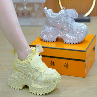 9cm重工满钻透气厚底老爹鞋 女2025夏蕾丝系带百搭增高休闲运动鞋