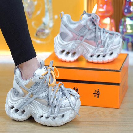 复古擦色绑带厚底老爹鞋女2026春季新款小个子百搭9cm增高运动鞋