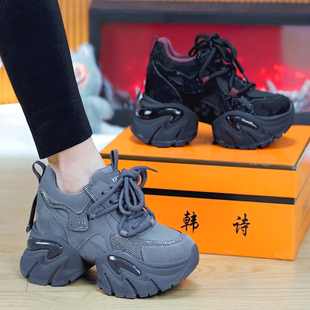 9cm小个子水钻厚底老爹鞋 棉 女2025秋冬百搭防滑休闲运动鞋 单