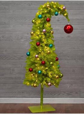 跨境新款创意绿色歪脖圣诞树带圣诞球挂件和灯圣诞节装饰家用摆件