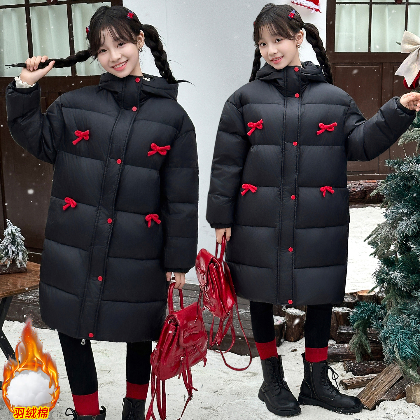 女童蝴蝶结长款羽绒棉服三防外套