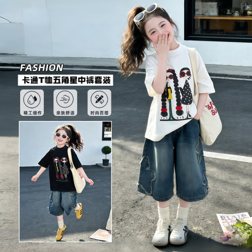 女童夏季卡通T恤牛仔短裤套装