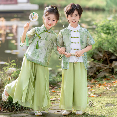 儿童新中式立领竹叶汉服套装