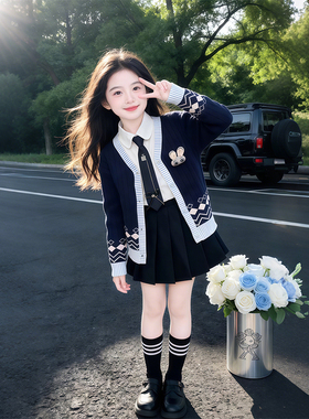 女童套装2026年新款春秋洋气时髦中大童韩版兔子警官学院风三件套