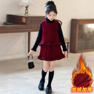 女童新年礼服连衣裙秋冬季 中大童年服公主裙 红色儿童女孩裙子套装