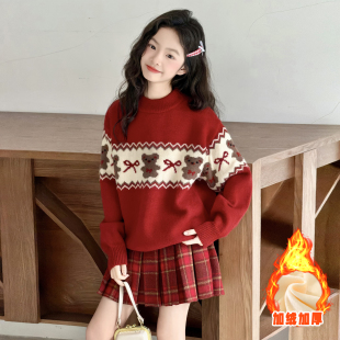 套装 小女孩红色保暖儿童针织衫 裙 小熊毛衣秋冬2025新款 女童圣诞款
