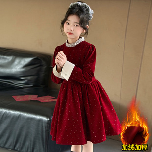 女童礼服红色丝绒生日圣诞烫钻公主裙小女孩新年元旦拜年服连衣裙