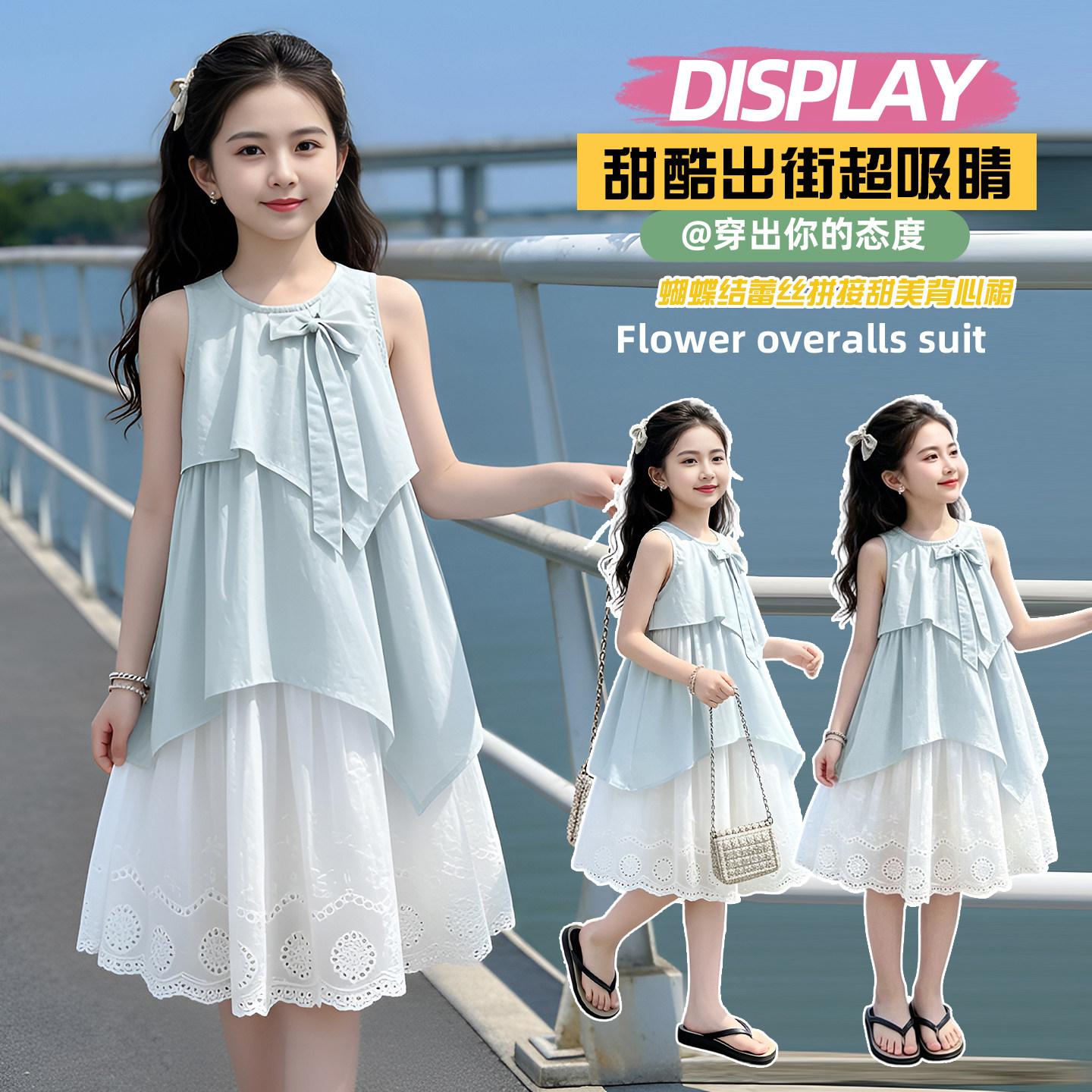 女童连衣裙2026新款夏装洋气时髦中大童韩版纯棉花边蝴蝶结连衣裙