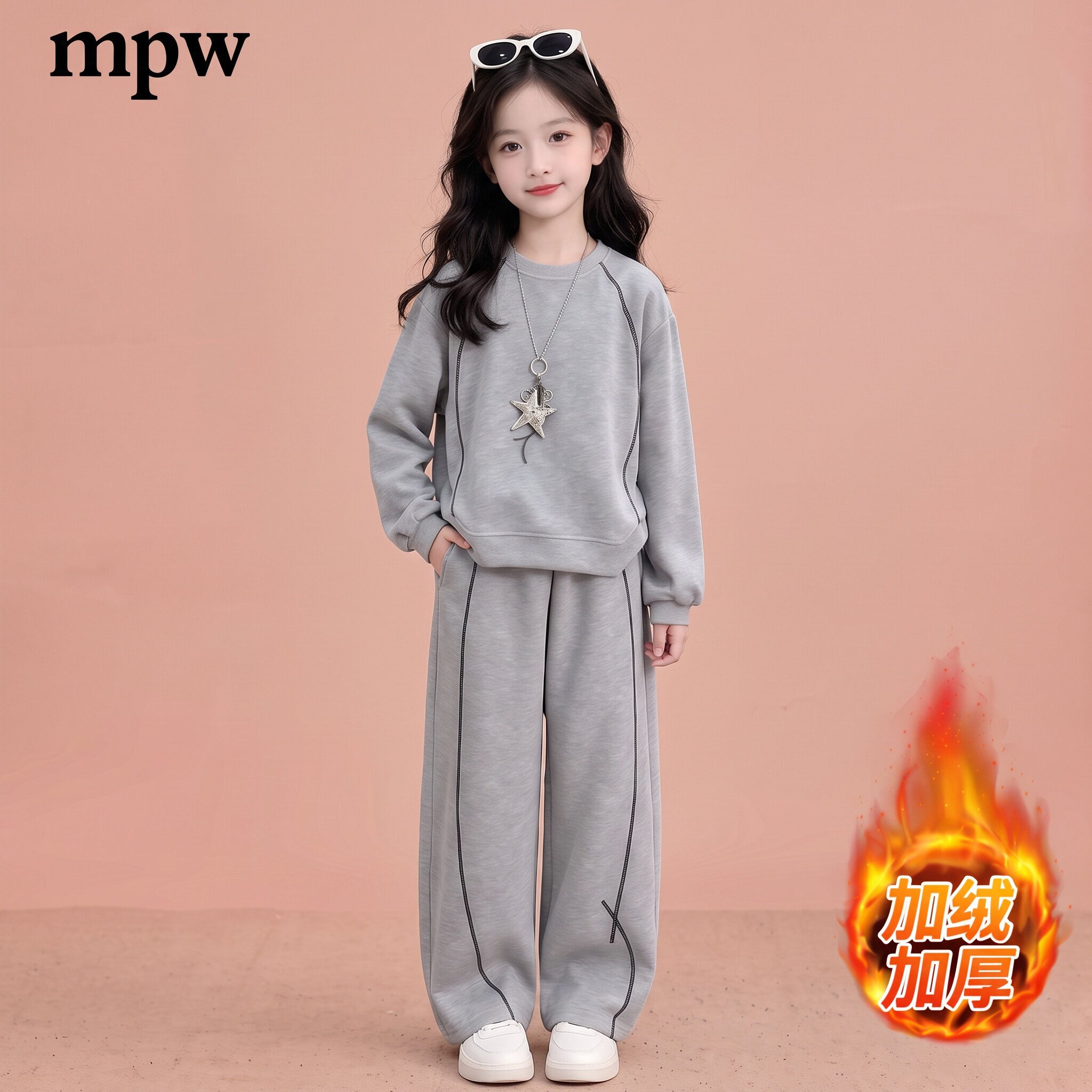 女童休闲简约加绒卫衣套装2026秋冬新款洋气运动两件套宽松版时髦