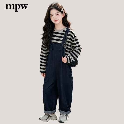 女童秋季韩系T恤牛仔背带套装