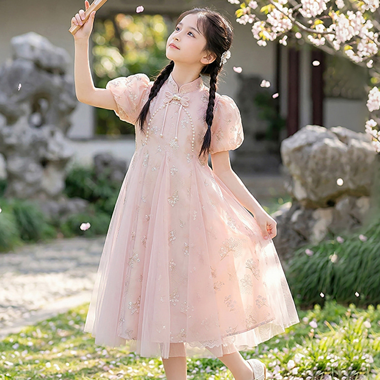女童新中式旗袍连衣裙2026夏季新款儿童超仙国风潮盘扣网纱公主裙