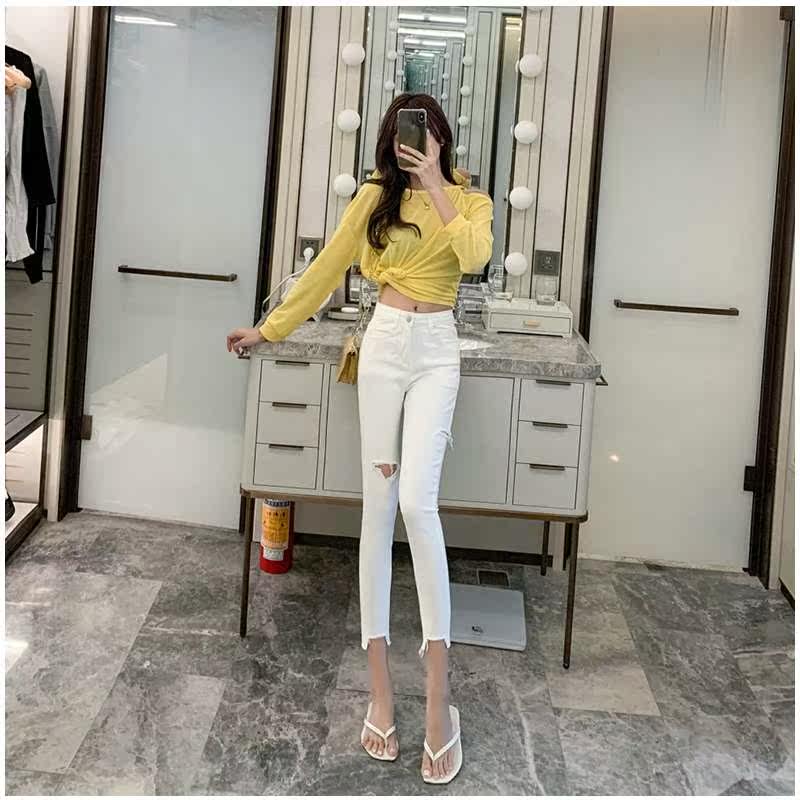 韩版chic高腰破洞牛仔裤女夏百搭弹力修身铅笔裤显瘦小脚九分裤子在类目 模玩/动漫/周边/cos/桌游, Cosplay服饰/道具/服务, Cosplay女装中 - 来自Buy2taobao.com提供专业的淘宝代购服务