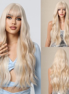 欧美跨境齐刘海白金色芭比风大波浪长卷发蓬松蓝岸假发全头套wig