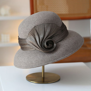 饰带 扇形真丝麻装 小资定制自留款 纯羊毛钟型礼帽女秋冬大檐法式