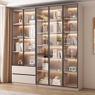 Hx1 书柜一体整墙到顶组合玻璃门落地靠墙酒柜简约 奶油灰雅致