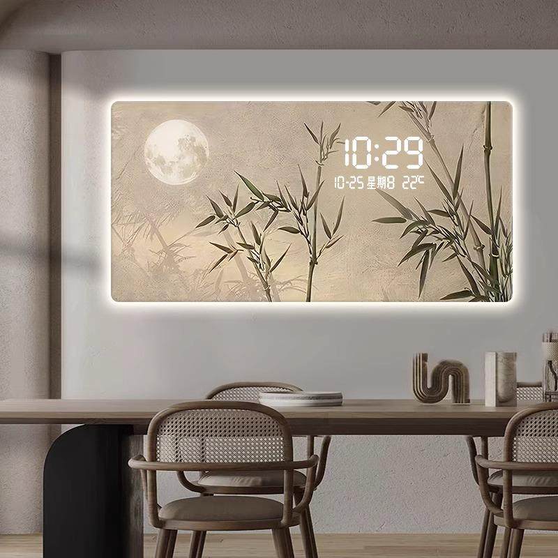 竹报平安数字时钟挂画高档led灯客厅装饰画茶室高级感电子表挂墙