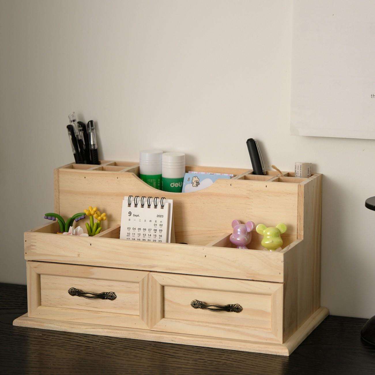 zakka复古风桌上置物架带抽屉办公室文具收纳笔筒木质桌面收纳盒