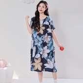夏季 人造棉连衣裙 加肥加长薄款 大码 棉绸睡裙妈妈婆婆显瘦睡衣短袖