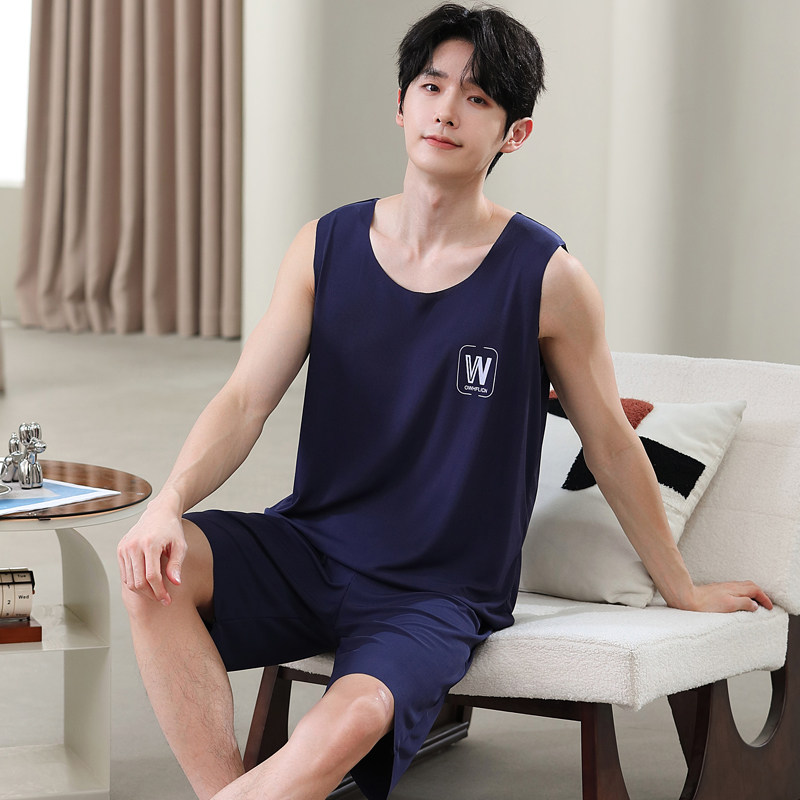 轻奢男士冰丝背心睡衣套装夏季无袖加肥加大码薄款夏天韩版家居服