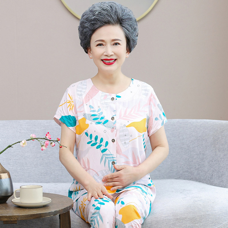 轻奢妈妈棉绸睡衣女中老年人人造棉绵绸开衫家居服夏奶奶套装夏季