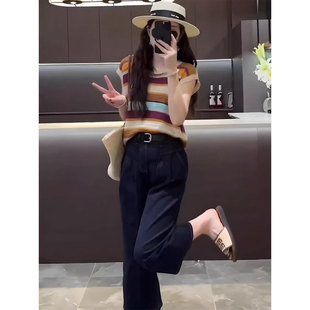 子 RIERA夏日ootd穿搭小个子独特漂亮减龄条纹针织上衣洋气休闲裤