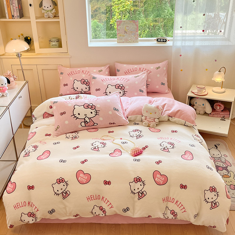 卡通牛奶绒四件套Kitty珊瑚绒被套A类加厚保暖可爱女孩床品三件套